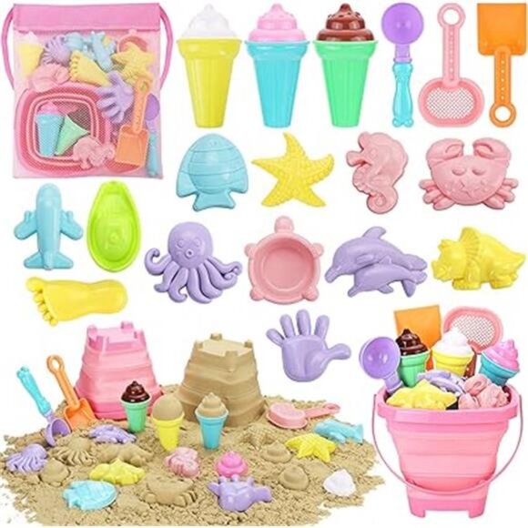 Beach Toys, Ice Cream Sand Toys with Collapsible Bucket and Shovels for Kids - Picture 7 of 7
